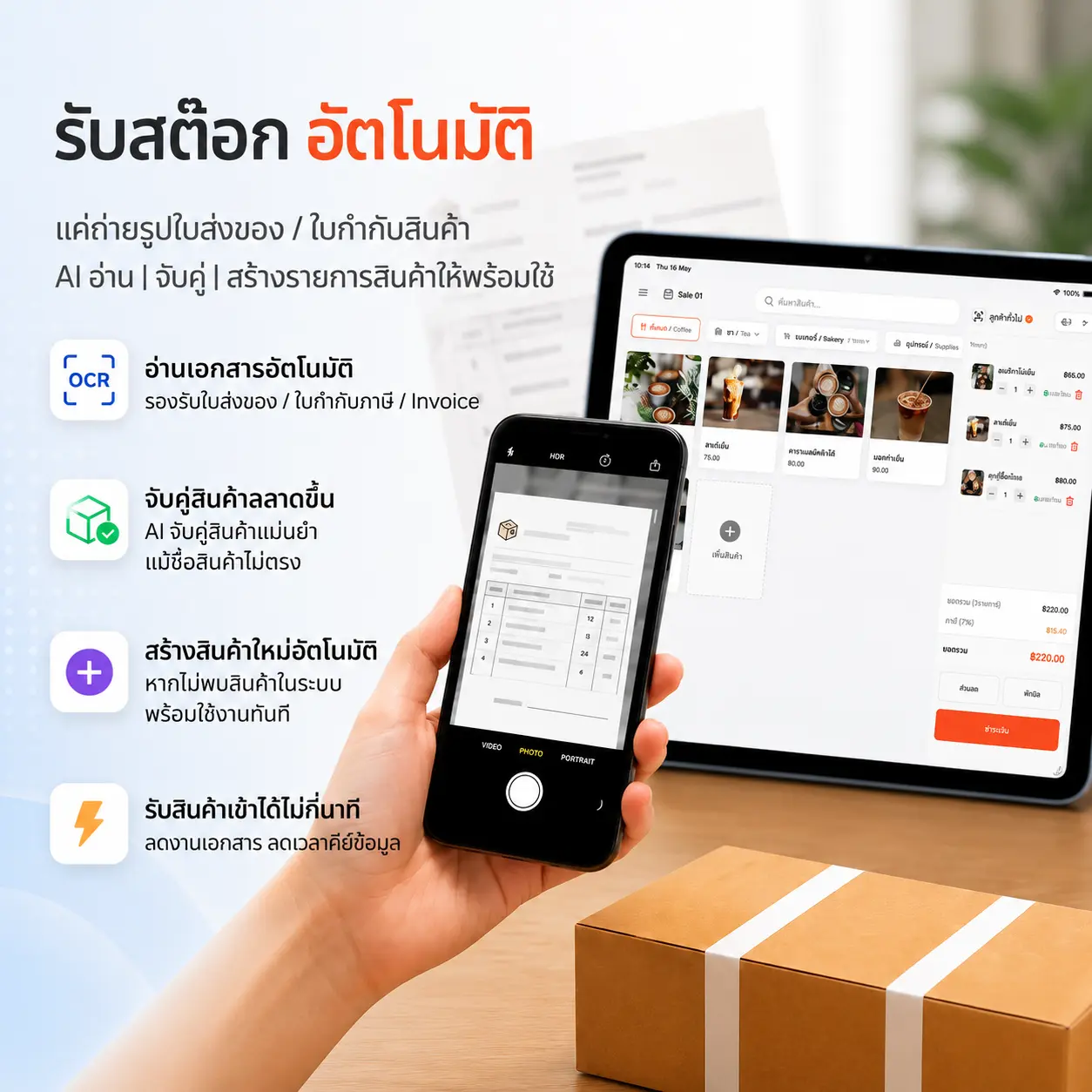 ภาพรวมฟีเจอร์ AI รับสต๊อกอัตโนมัติของ MeeD POS ถ่ายรูปใบส่งของแล้วระบบอ่านและจับคู่สินค้าให้