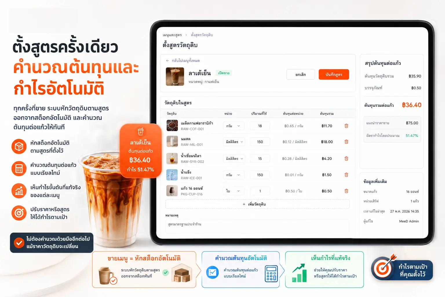 หน้าจอสร้างสูตรอาหารและวัตถุดิบ (BOM) ใน MeeD POS พร้อมคำนวณต้นทุนต่อเมนู