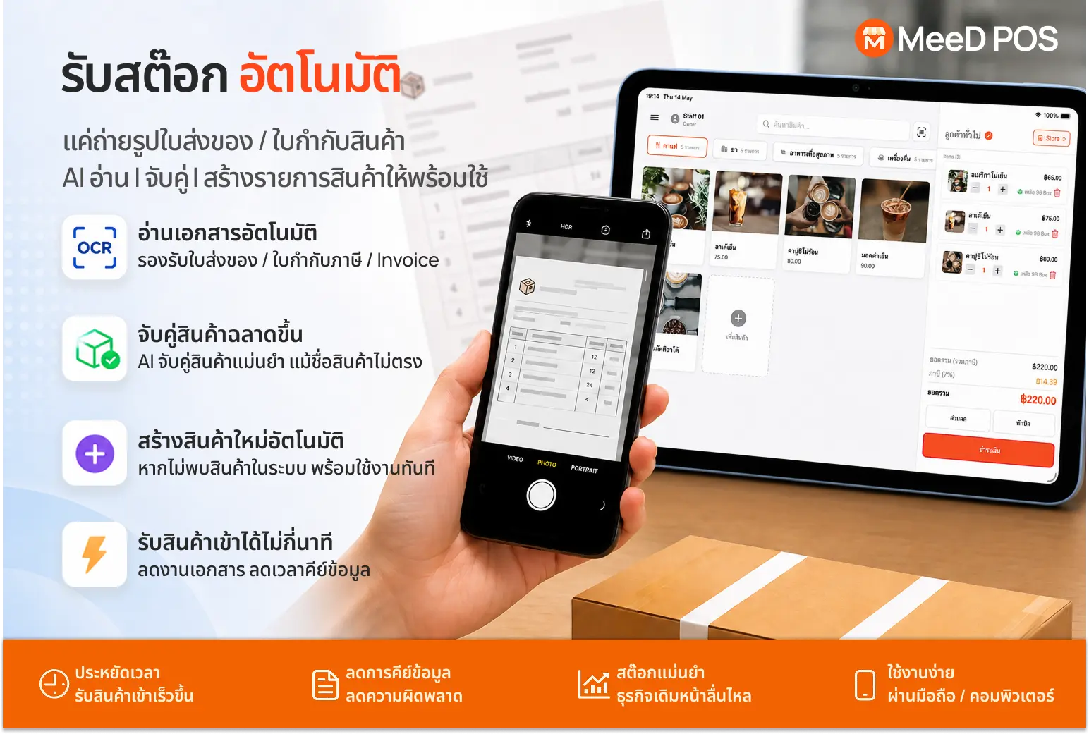 ภาพรวมฟีเจอร์ AI รับสต๊อกอัตโนมัติของ MeeD POS ถ่ายรูปใบส่งของแล้วระบบอ่านและจับคู่สินค้าให้